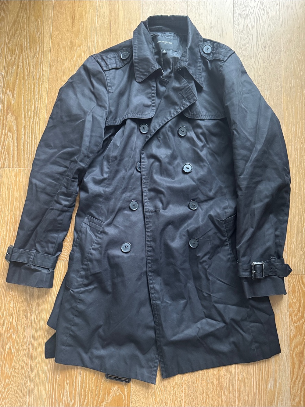 Banana Republic Black Double-Breasted Trench Coat with Epaulettes